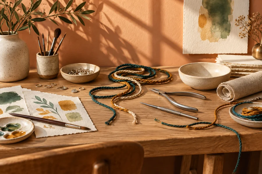 Cord and art materials on an editorial studio desk